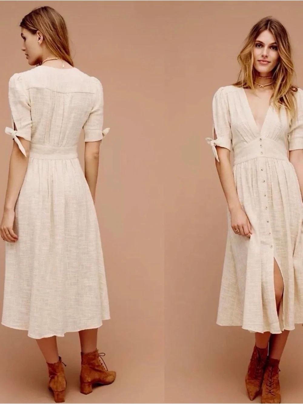 Free People Cream Button-Front Midi Dress - Picture 2 of 5